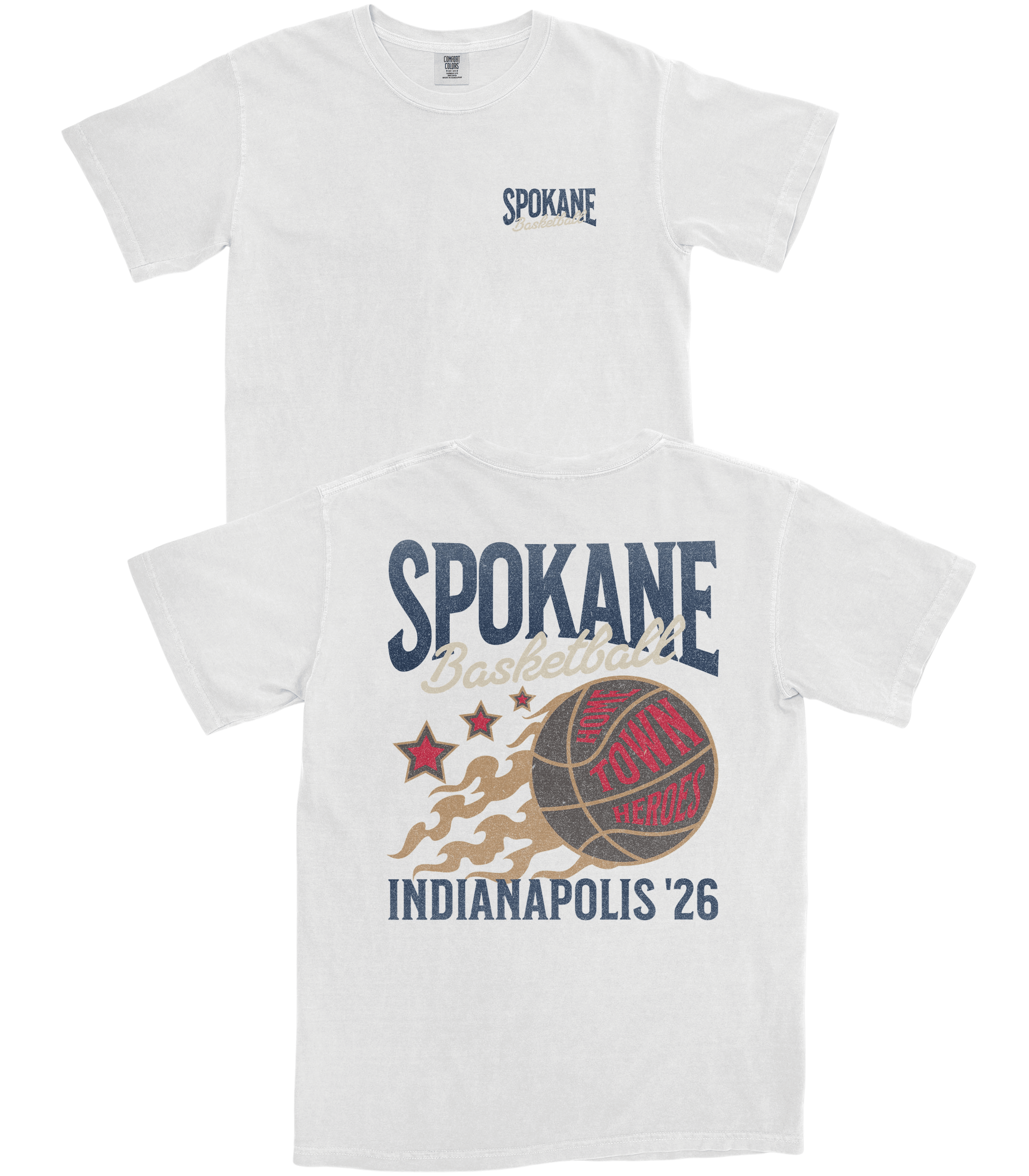White t-shirt with 'Spokane' and basketball graphic on a white background