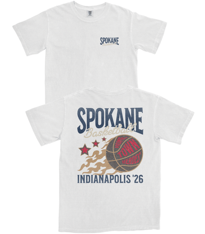 White t-shirt with 'Spokane' and basketball graphic on a white background