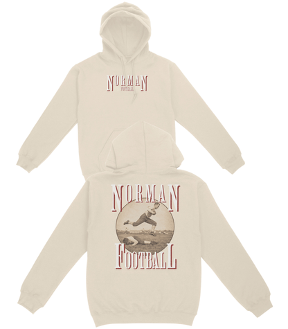 Beige hoodie with 'Norman Football' design on a white background