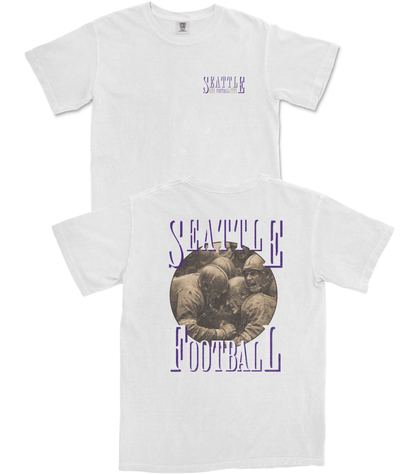 White t-shirt with 'Seattle Football' graphic design on a white background