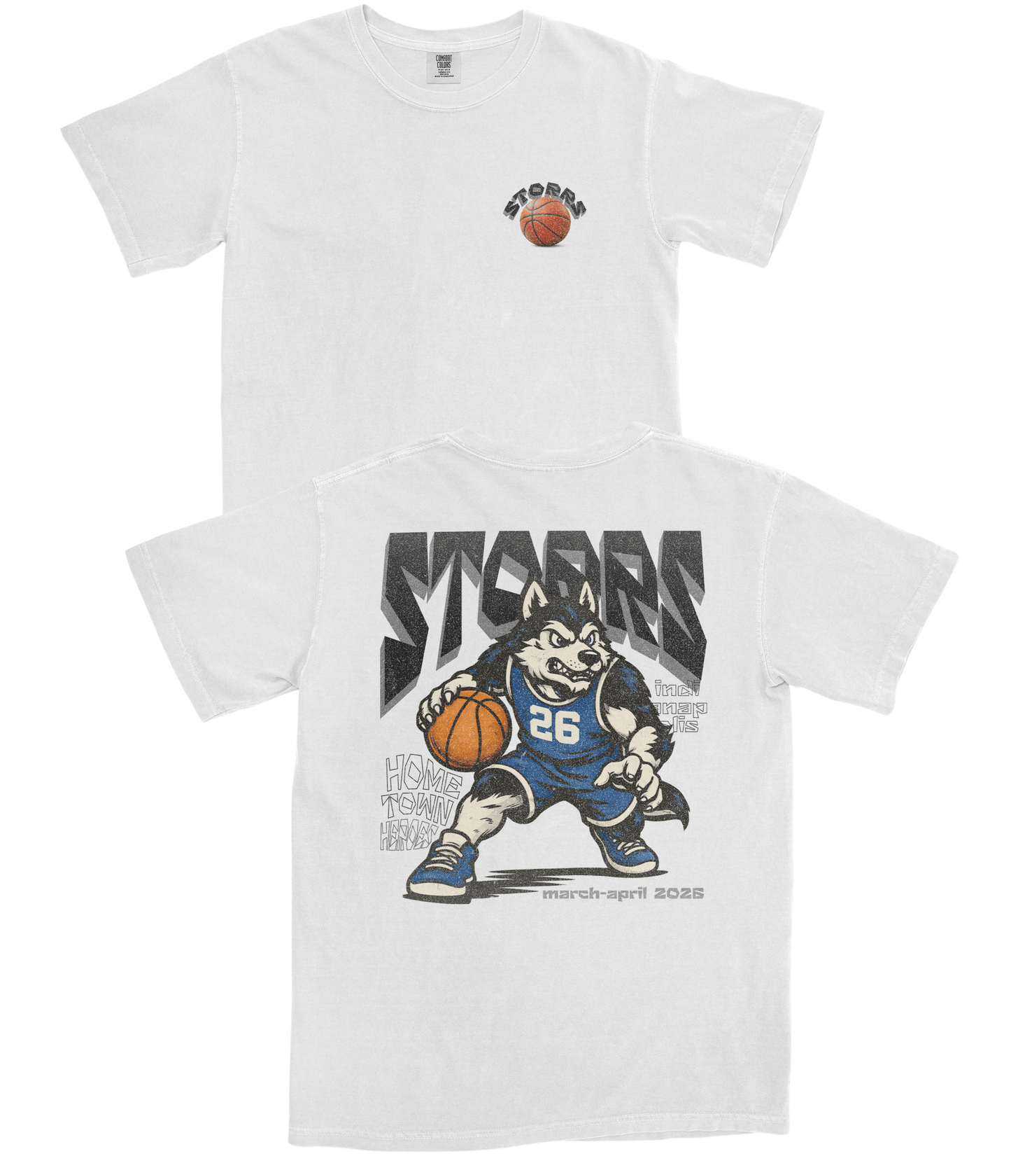 White t-shirt with cartoon character holding a basketball on a white background