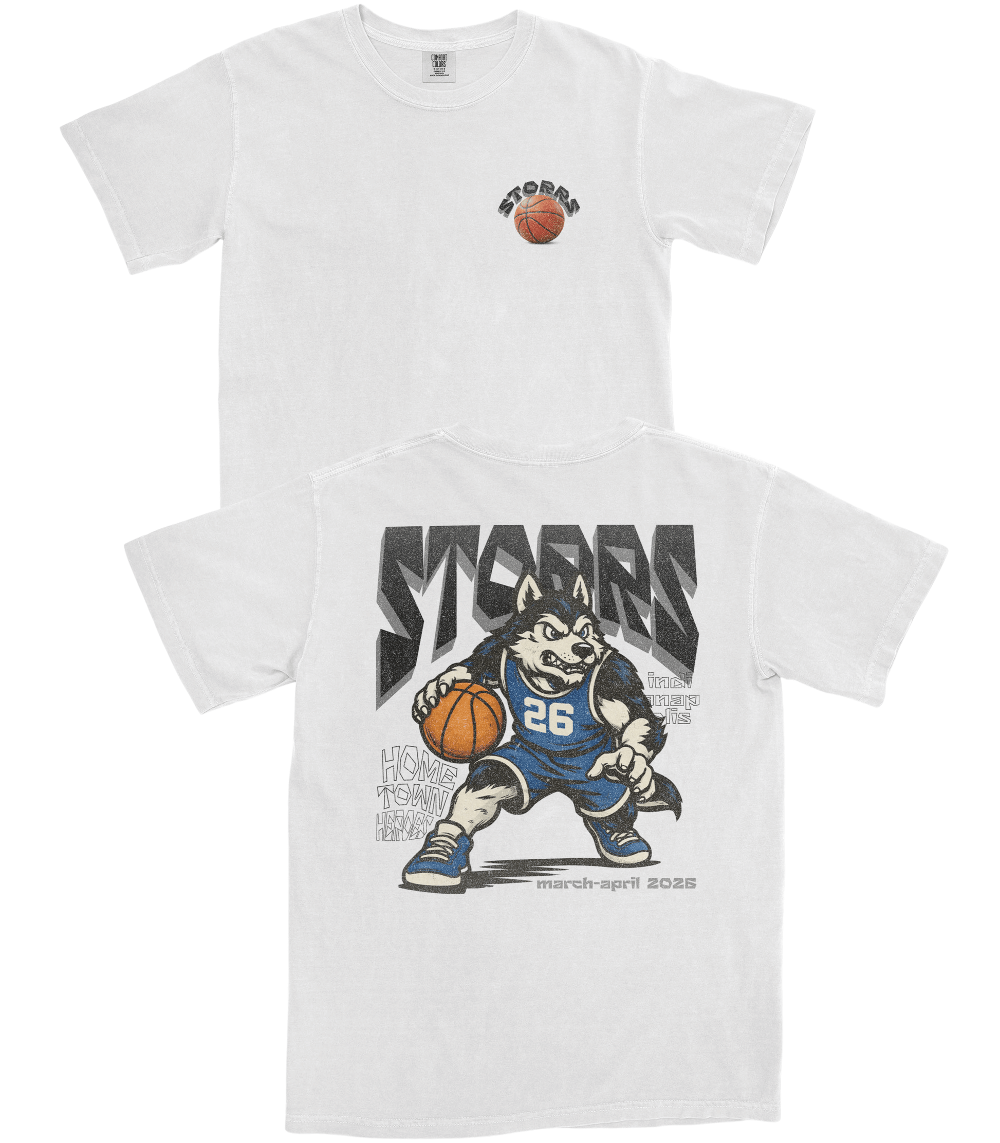 White t-shirt with cartoon character holding a basketball on a white background