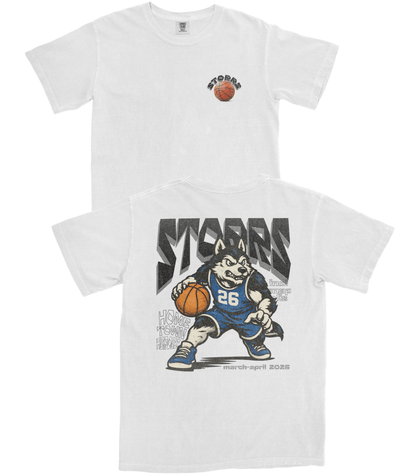 White t-shirt with cartoon character holding a basketball on a white background