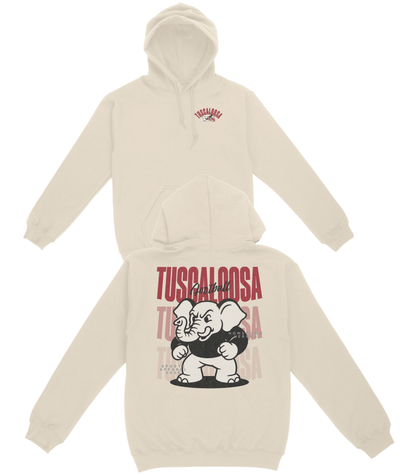 Beige hoodie with 'Tuscaloosa' and elephant graphic on a white background
