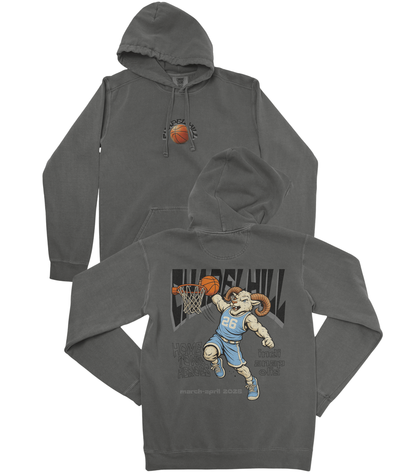 Gray hoodie with a graphic of a ram playing basketball on the back, on a white background