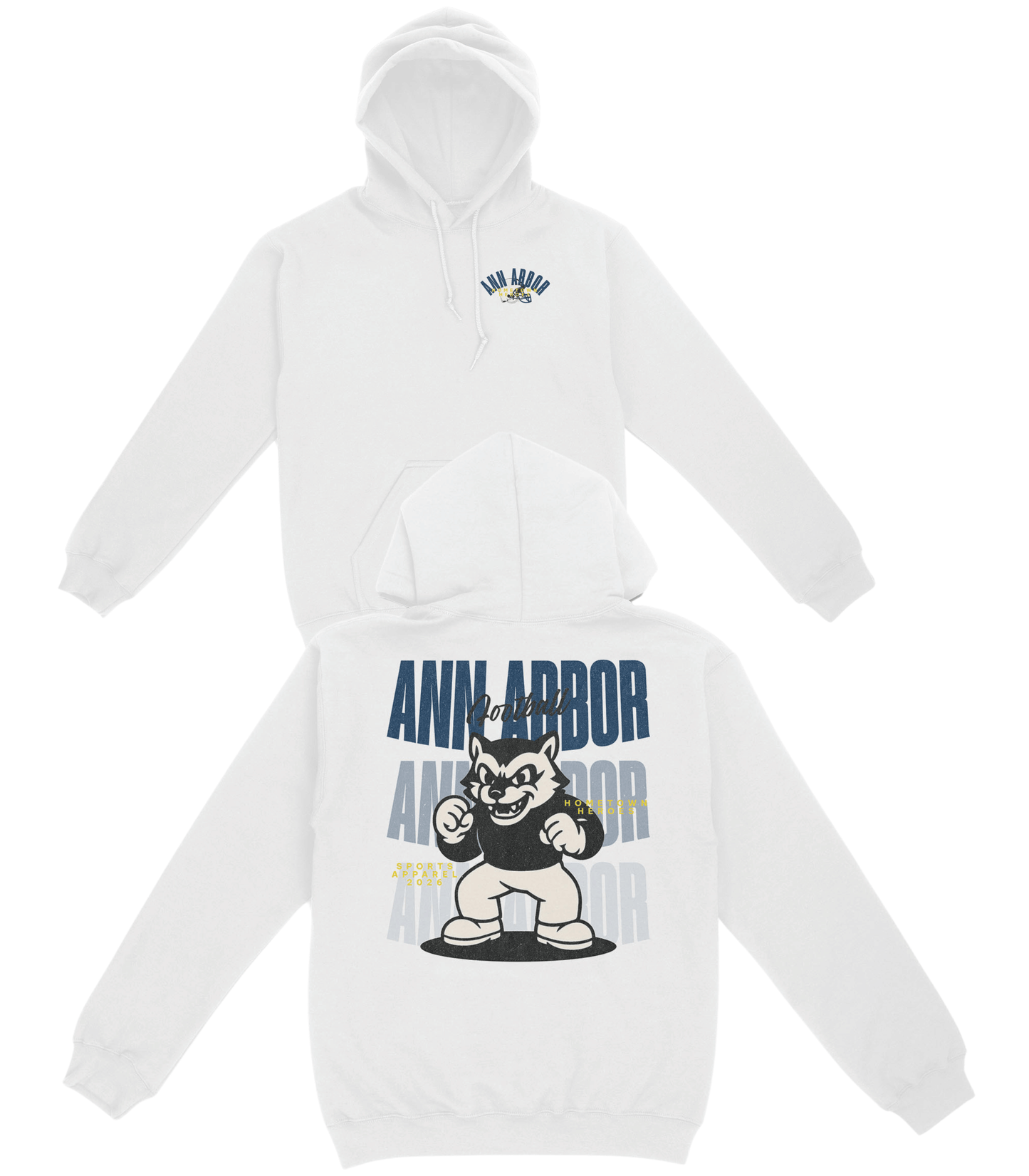 White hoodie with 'Ann Arbor' and bear graphic on a white background