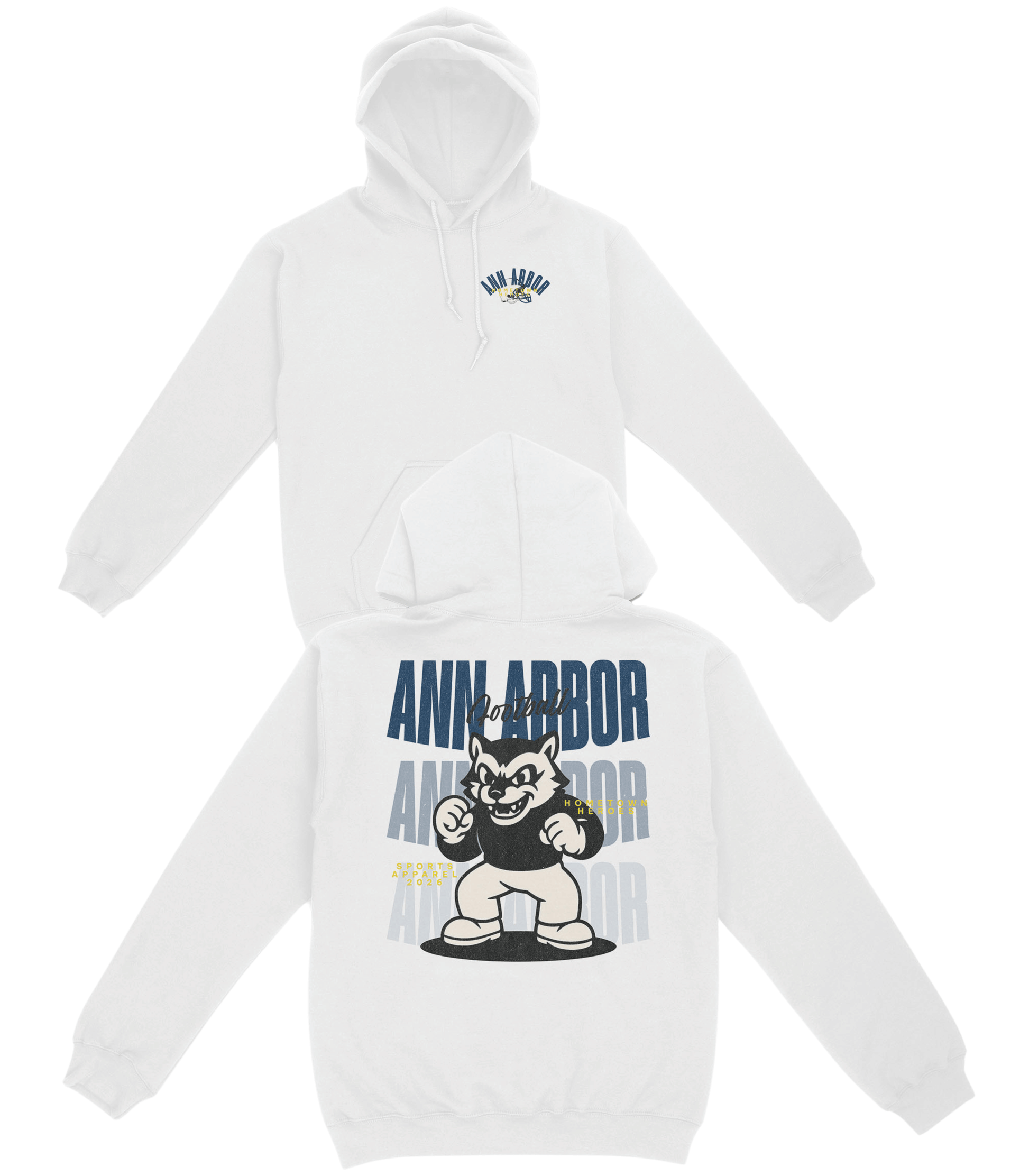White hoodie with 'Ann Arbor' and bear graphic on a white background