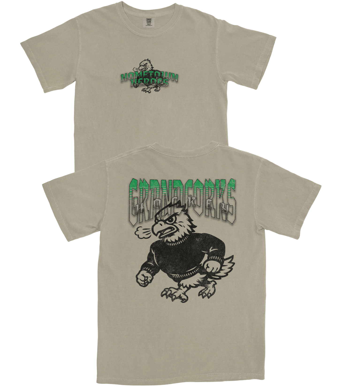 Beige t-shirt with graphic design of an owl and text on a white background