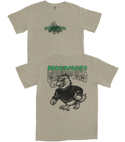 Beige t-shirt with graphic design of an owl and text on a white background