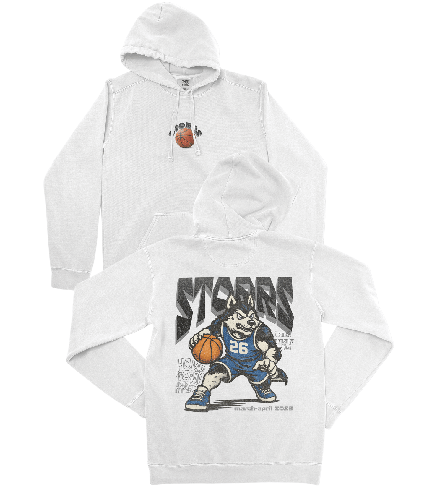 White hoodie with cartoon character and text on a white background