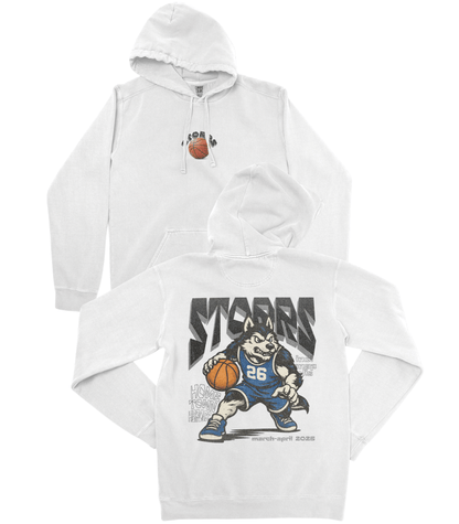 White hoodie with cartoon character and text on a white background