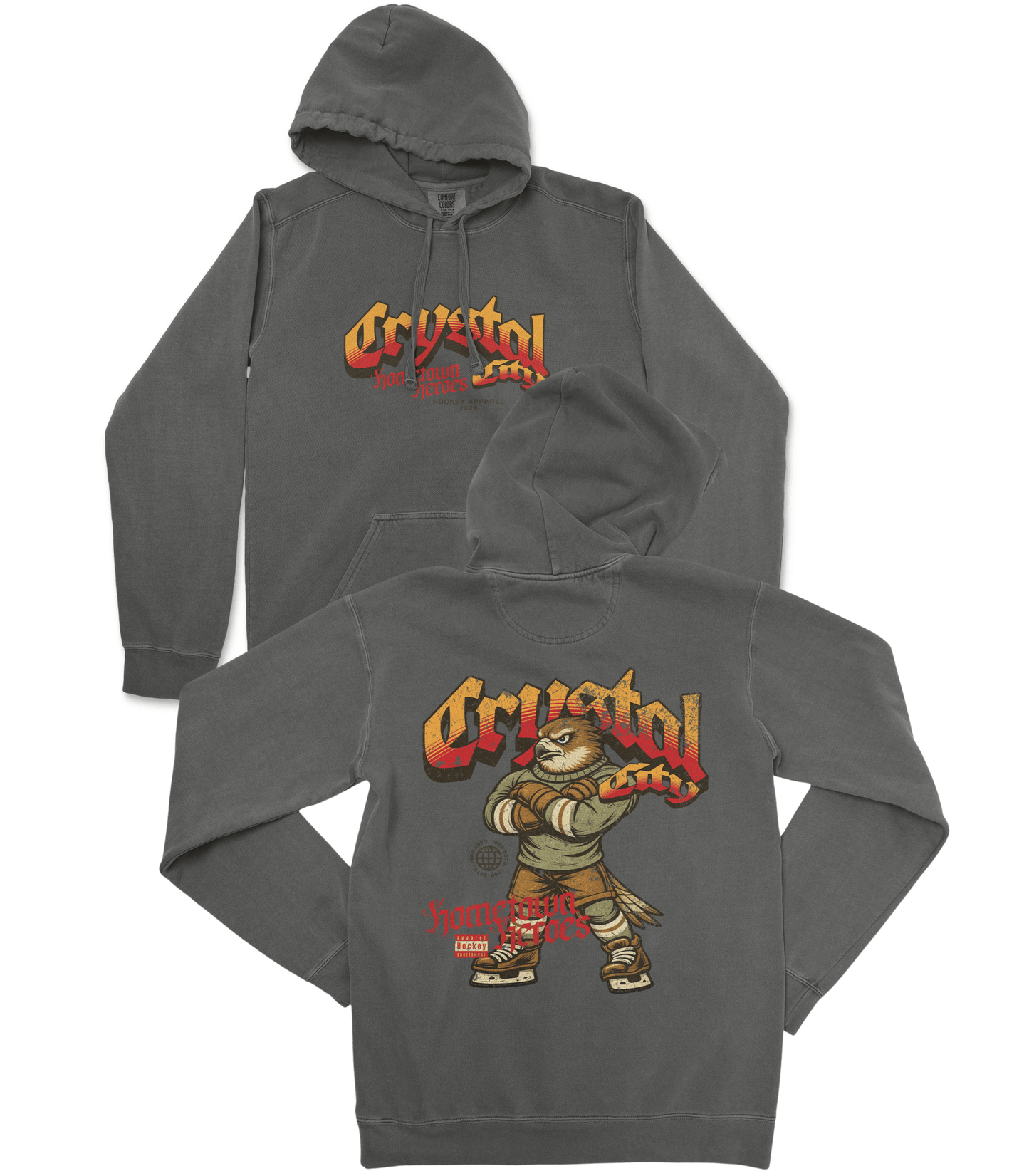 Gray hoodie with 'Crystal' logo on front and back, featuring a cartoon character.
