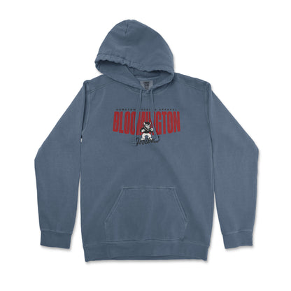Blue hoodie with a graphic design on a white background