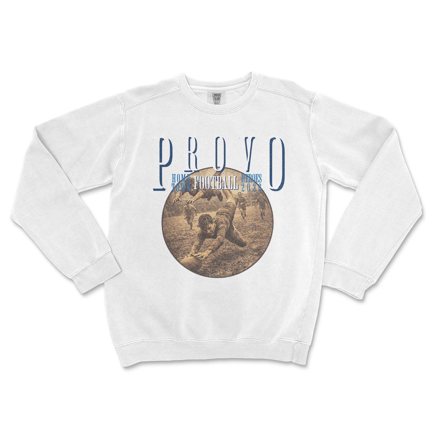 White sweatshirt with 'Provo' and football graphic on a white background