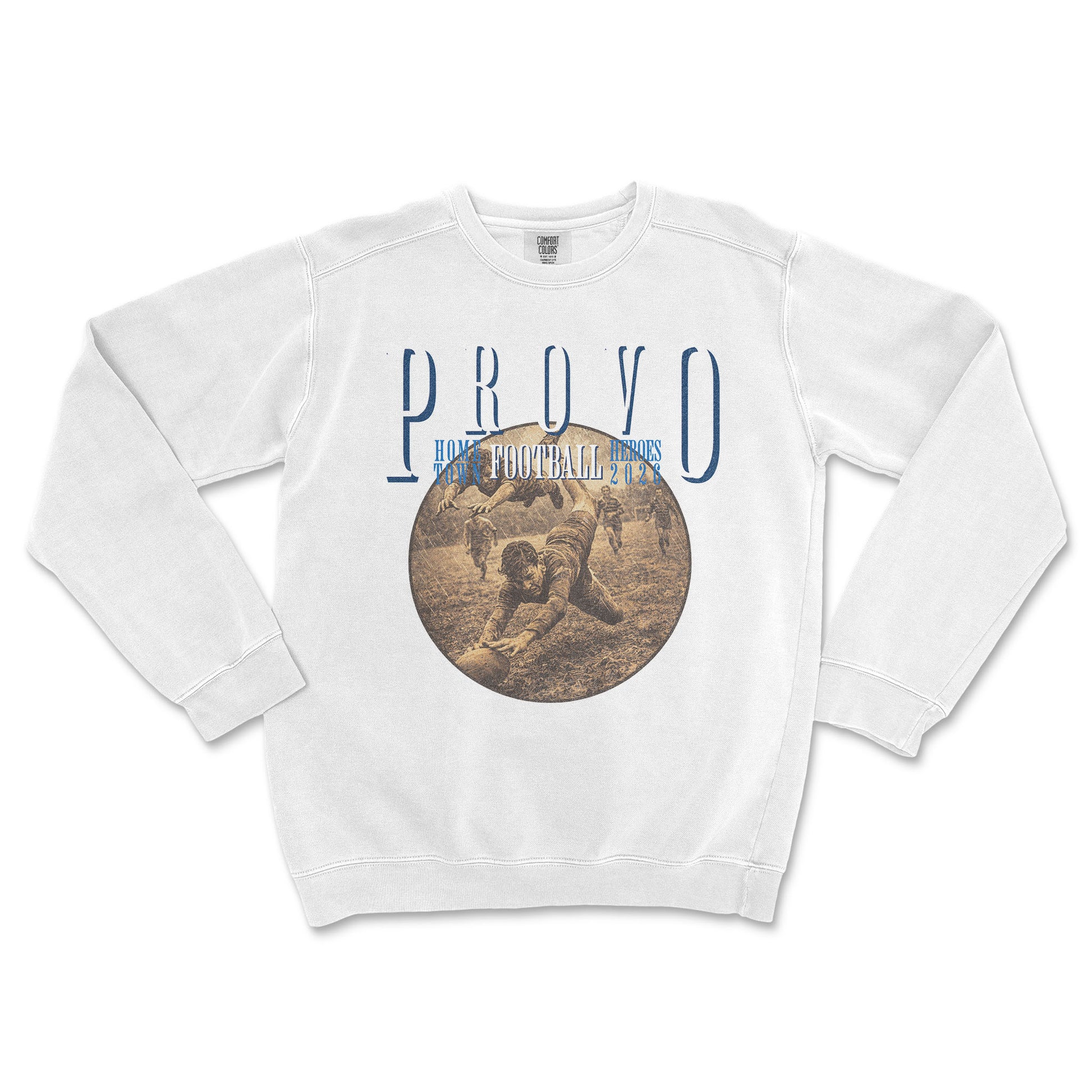 White sweatshirt with 'Provo' and football graphic on a white background