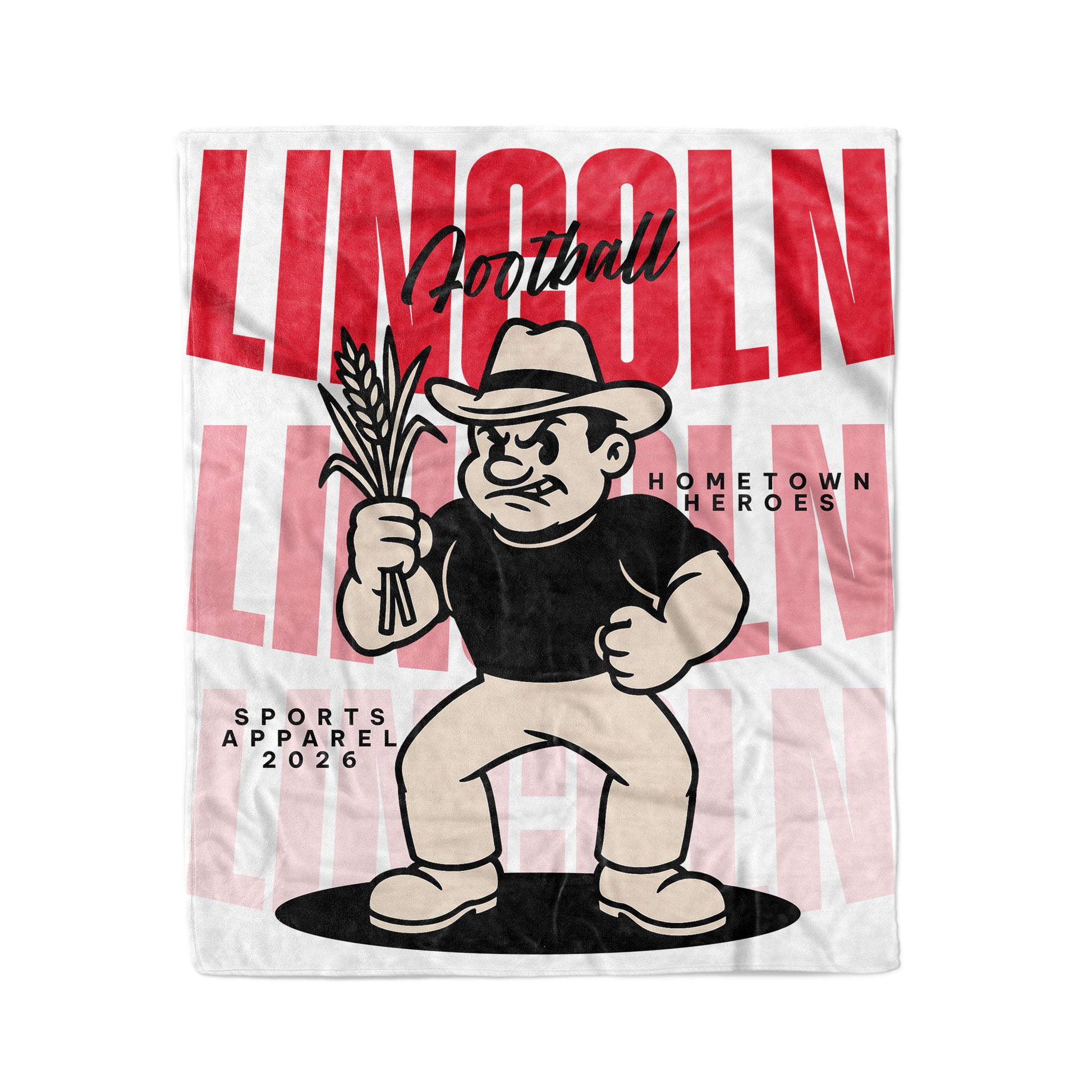 Lincoln hometown heroes sports apparel banner with cartoon character holding wheat.