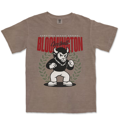 Brown t-shirt with a graphic of a bull and text on a white background