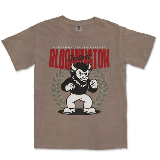 Brown t-shirt with a graphic of a bull and text on a white background