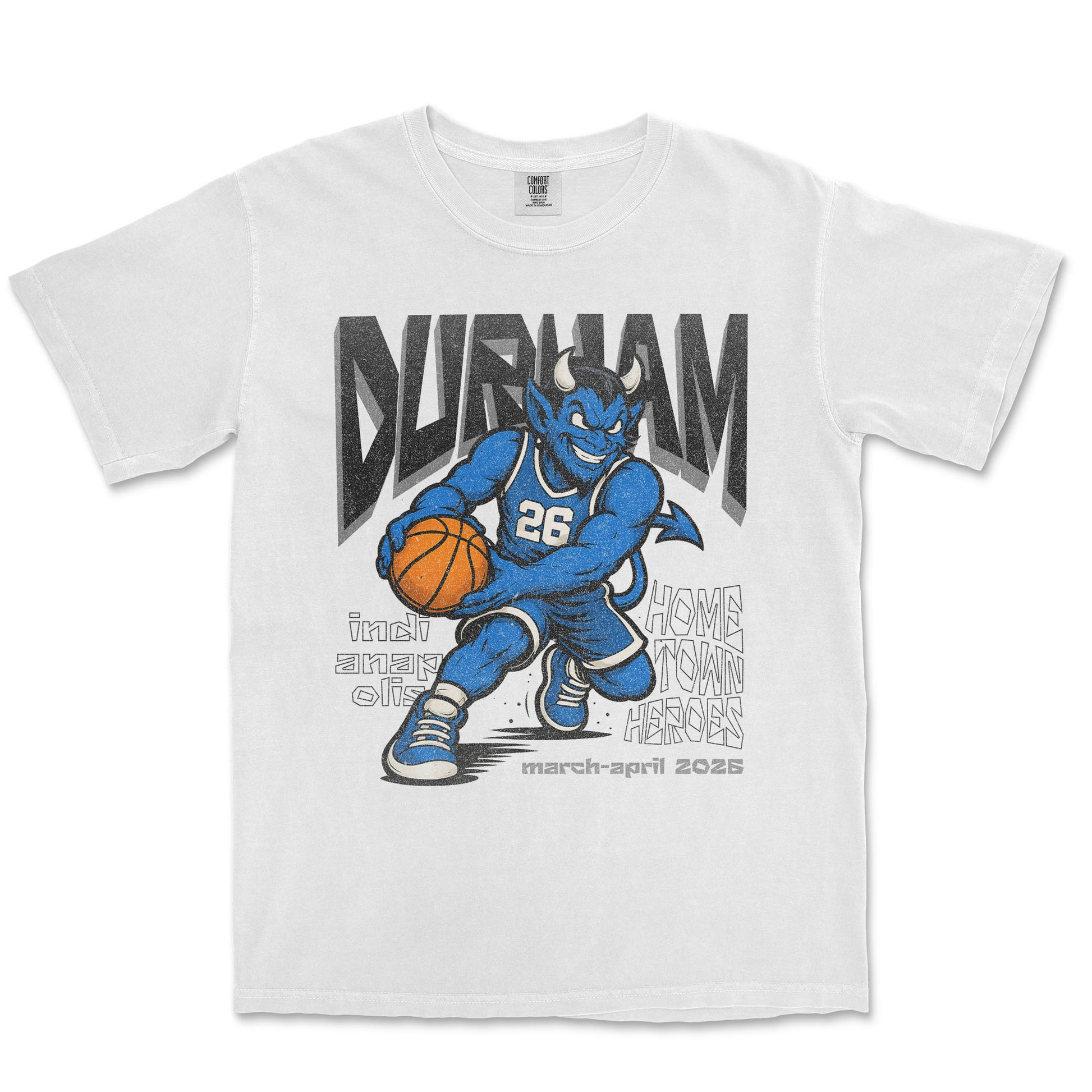 White t-shirt with a blue cartoon character holding a basketball and text on a white background