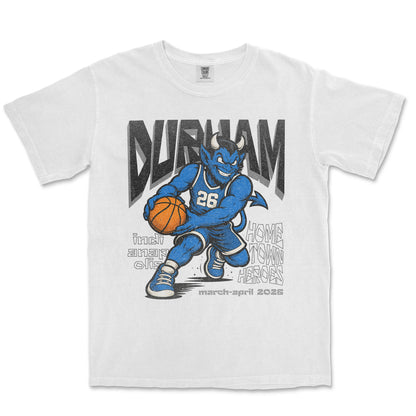 White t-shirt with a blue cartoon character holding a basketball and text on a white background