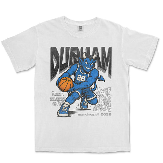 White t-shirt with a blue cartoon character holding a basketball and text on a white background