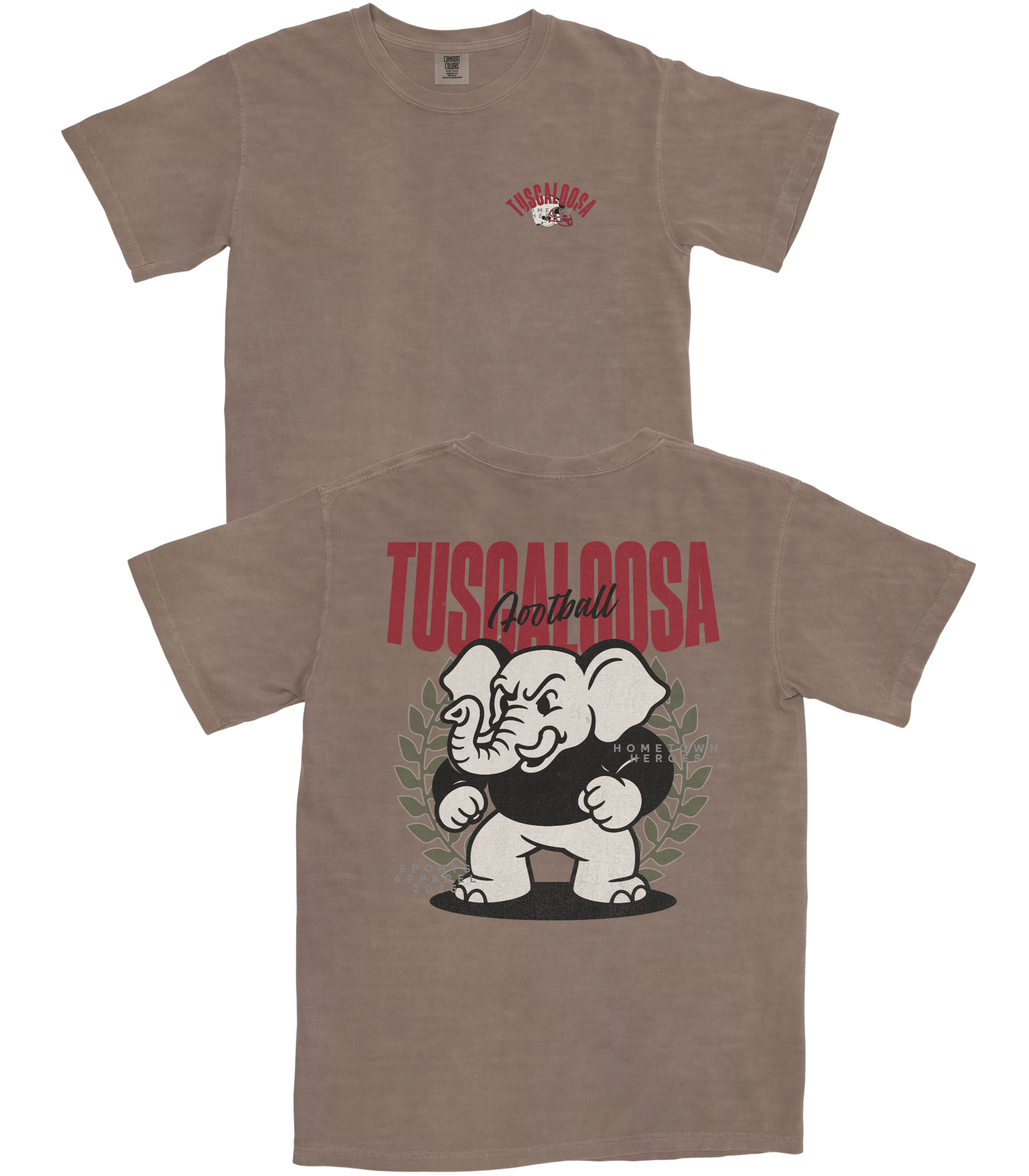 Brown t-shirt with cartoon elephant and text design on a white background