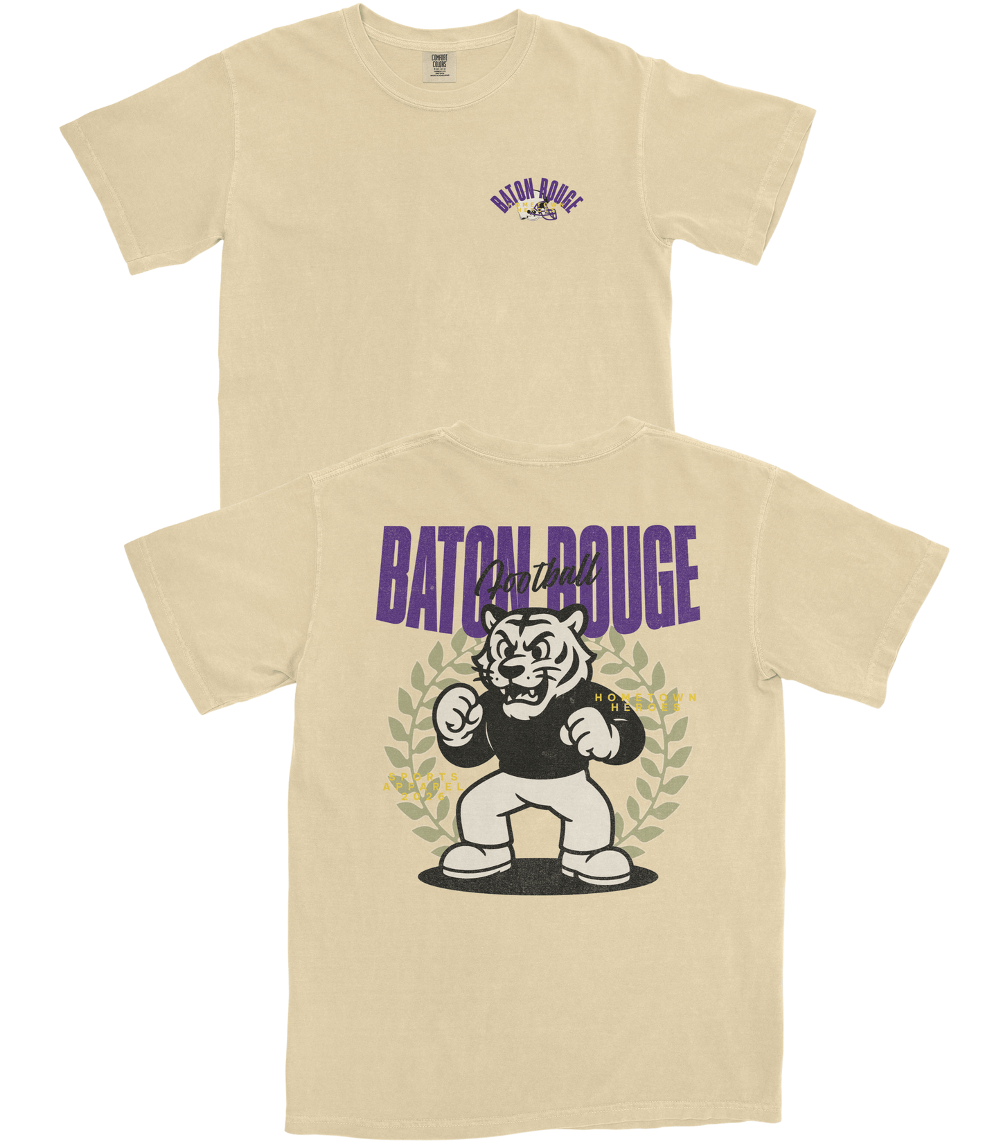 Beige t-shirt with a tiger graphic and 'Baton Rouge' text on a white background