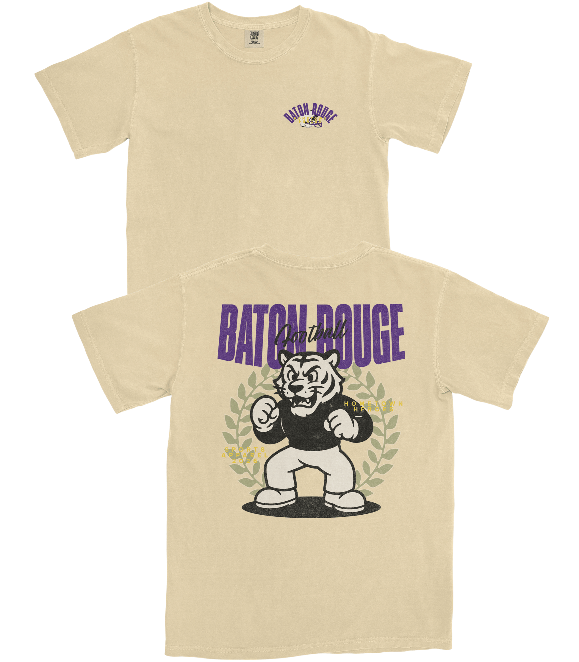 Beige t-shirt with a tiger graphic and 'Baton Rouge' text on a white background