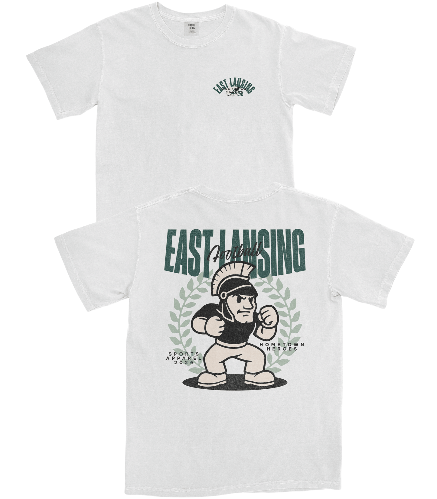 White t-shirt with 'East Lansing' graphic design featuring a Spartan mascot on a white background