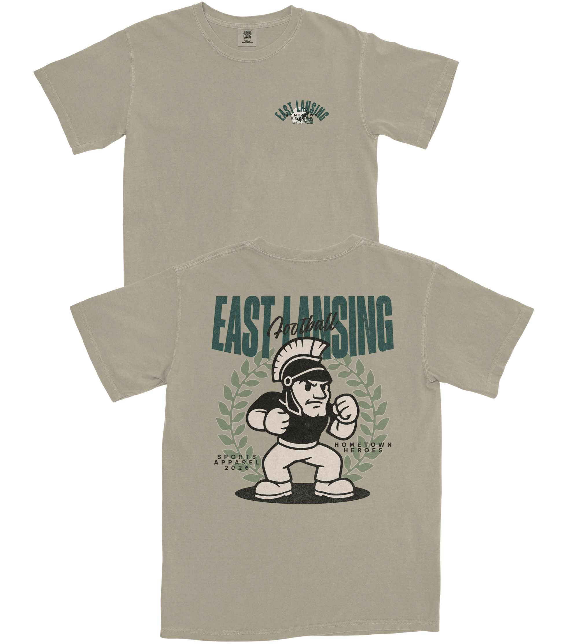 Beige t-shirt with 'East Lansing' graphic design on a white background