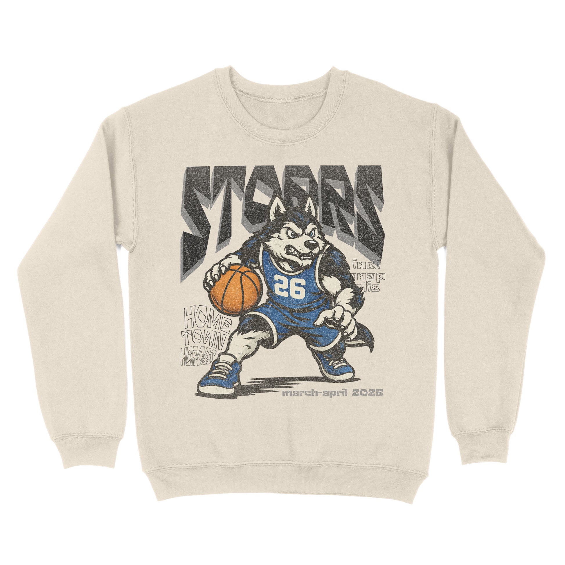 Beige sweatshirt with a graphic of a dog playing basketball and text on a white background