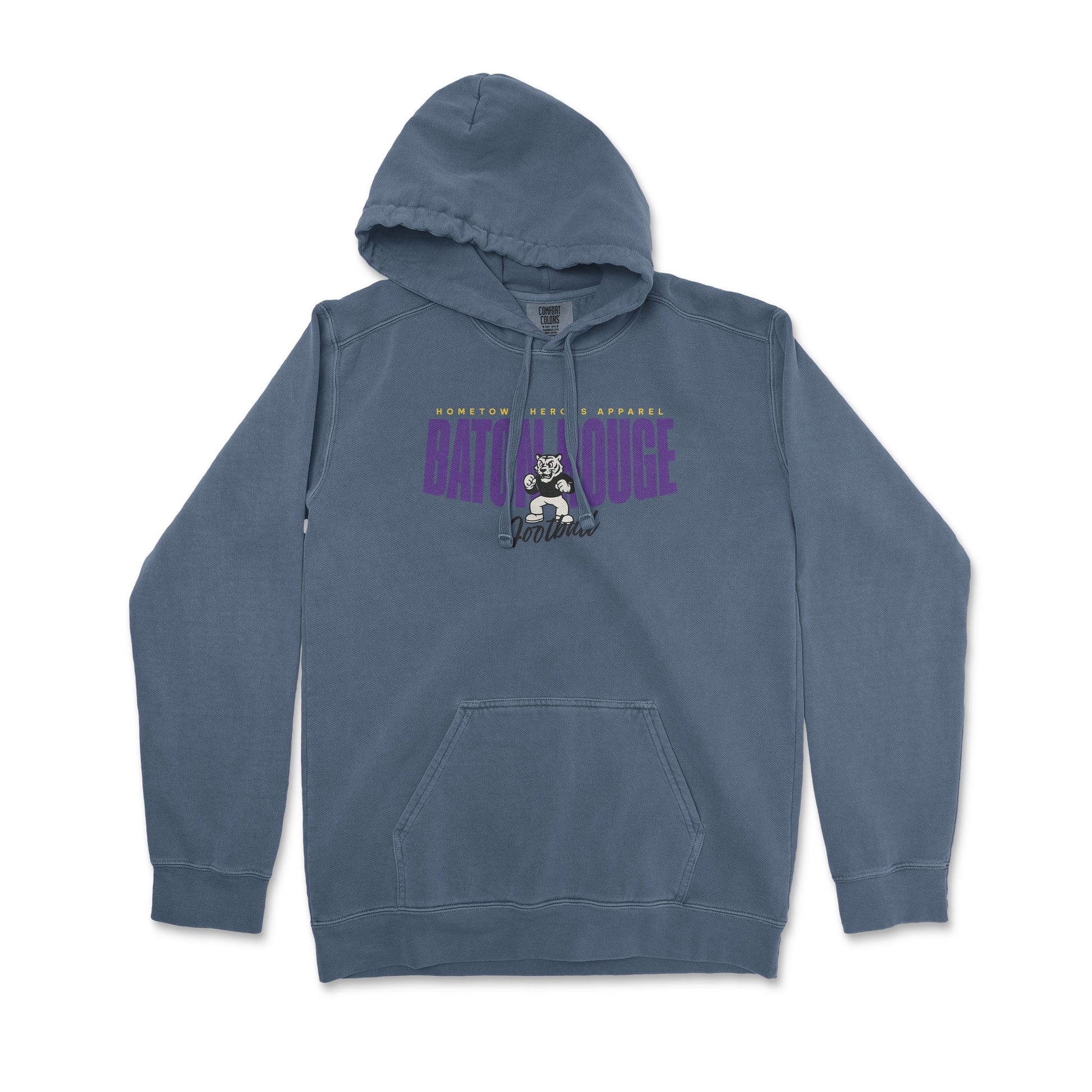 Blue hoodie with graphic design on a white background