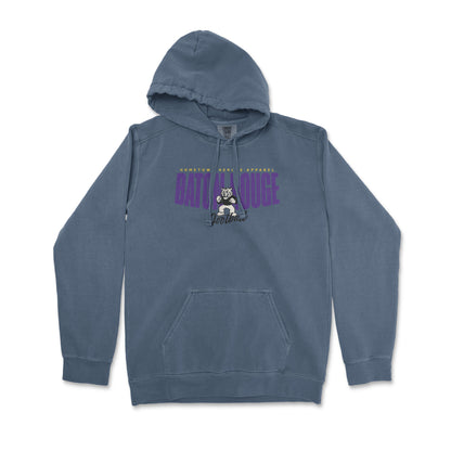 Blue hoodie with graphic design on a white background
