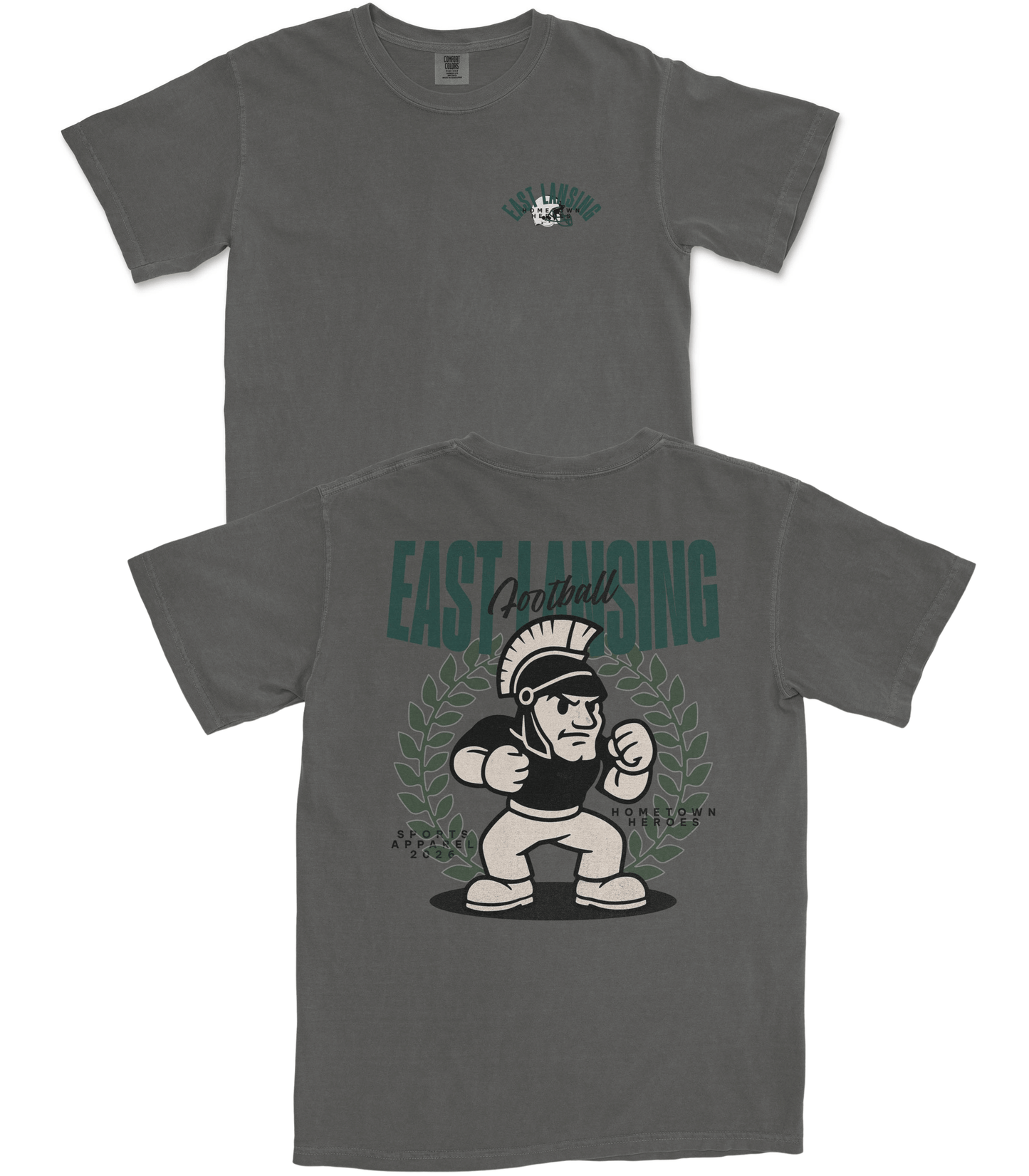 Gray t-shirt with a cartoon character and 'East Lansing' text on a white background