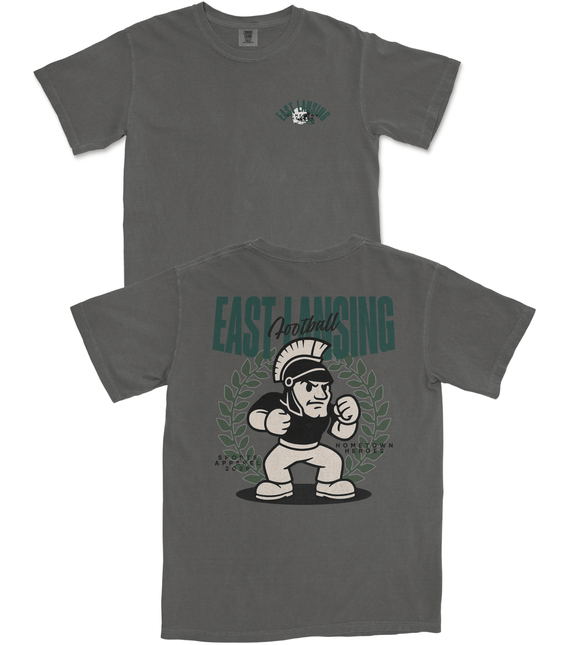 Gray t-shirt with a cartoon character and 'East Lansing' text on a white background