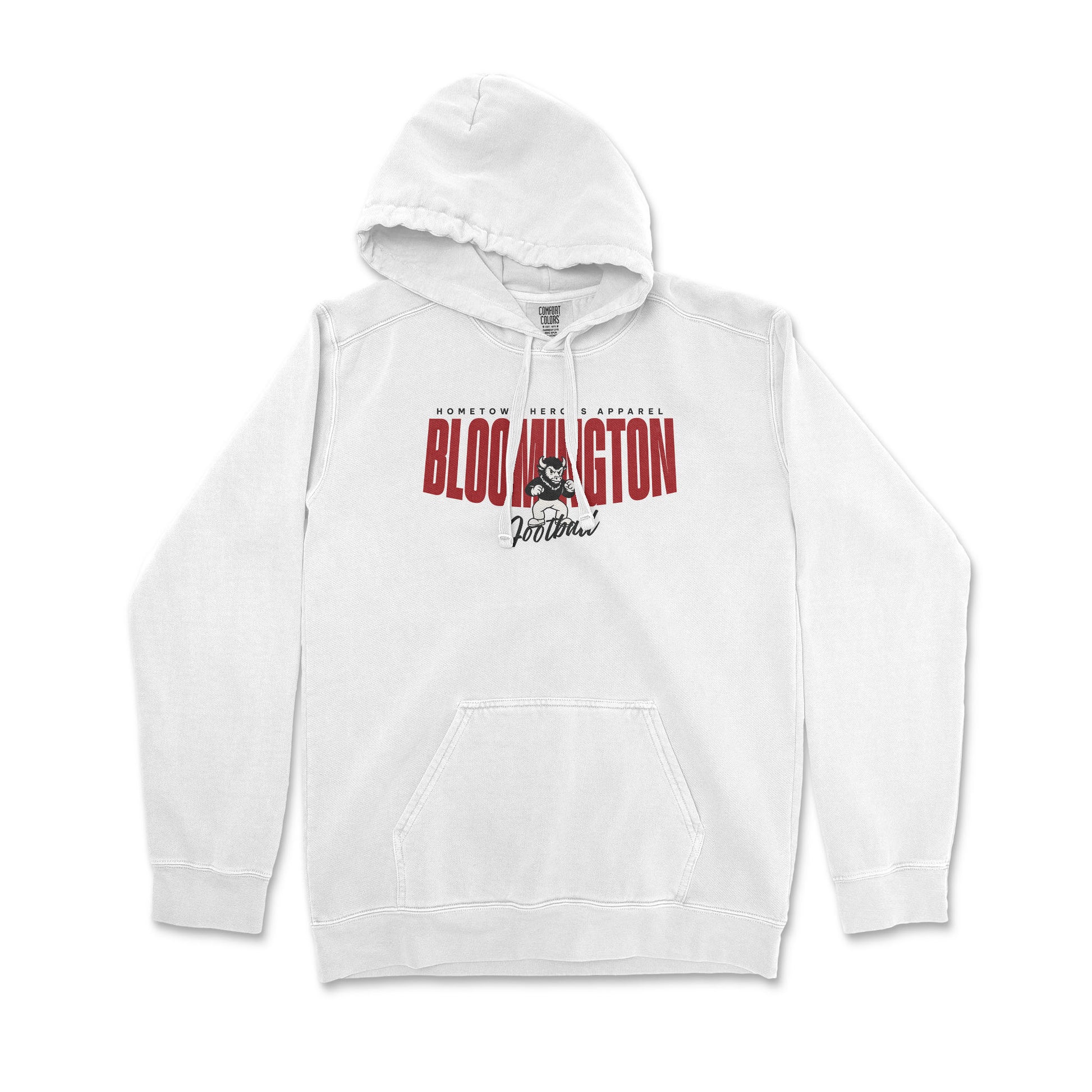 White hoodie with red and black text on a white background