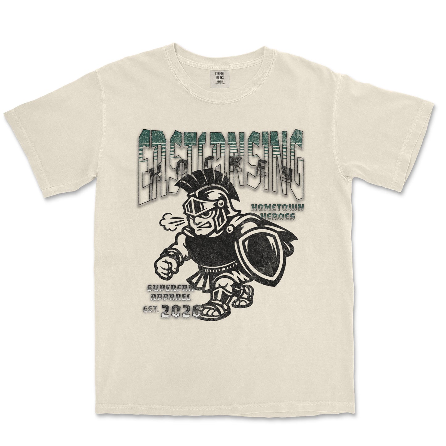 Beige t-shirt with graphic design of a warrior and text on a white background