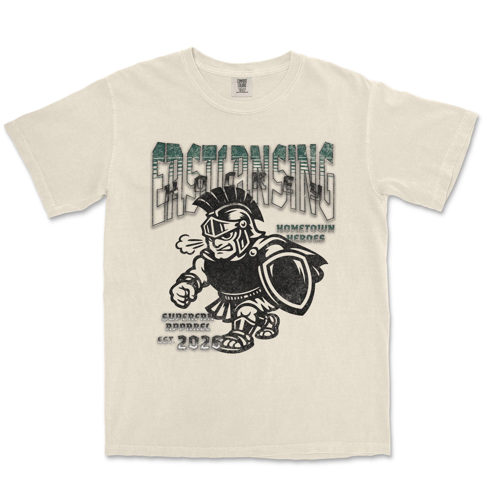 Beige t-shirt with graphic design of a warrior and text on a white background