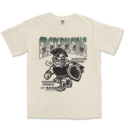 Beige t-shirt with graphic design of a warrior and text on a white background