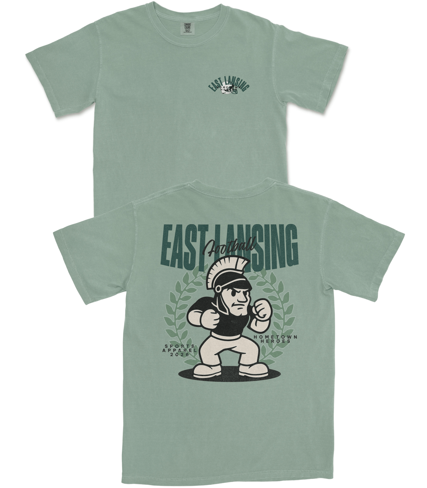 Green t-shirt with 'East Lansing' and cartoon character design on a white background