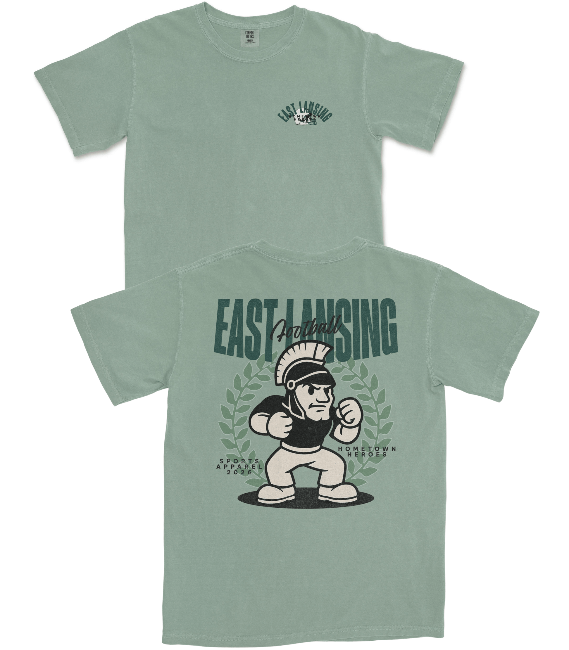 Green t-shirt with 'East Lansing' and cartoon character design on a white background