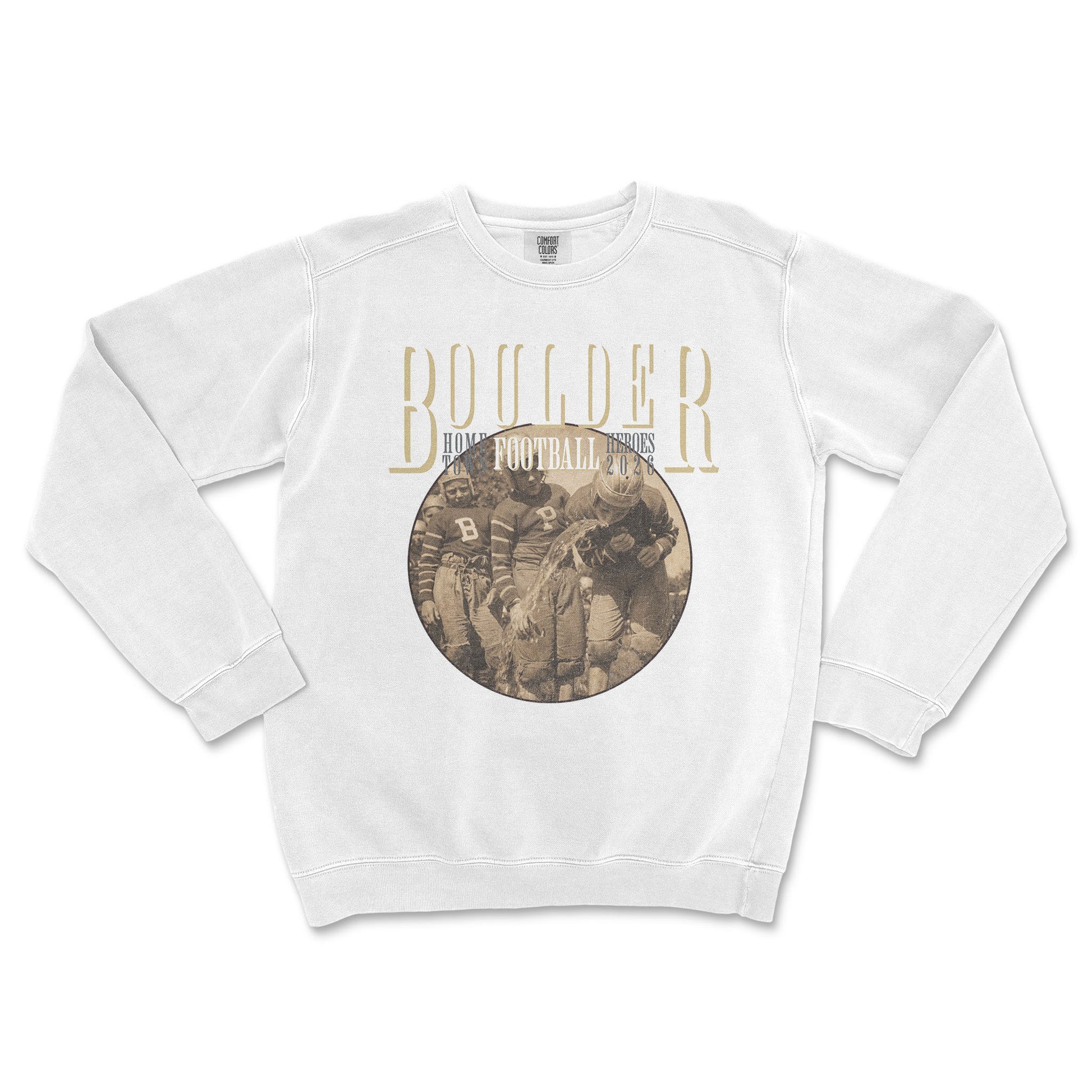 White sweatshirt with 'Boulder Football' graphic on a white background