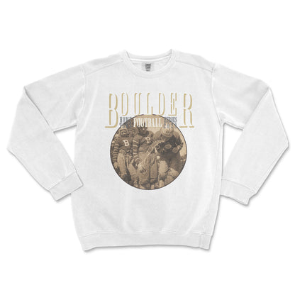 White sweatshirt with 'Boulder Football' graphic on a white background