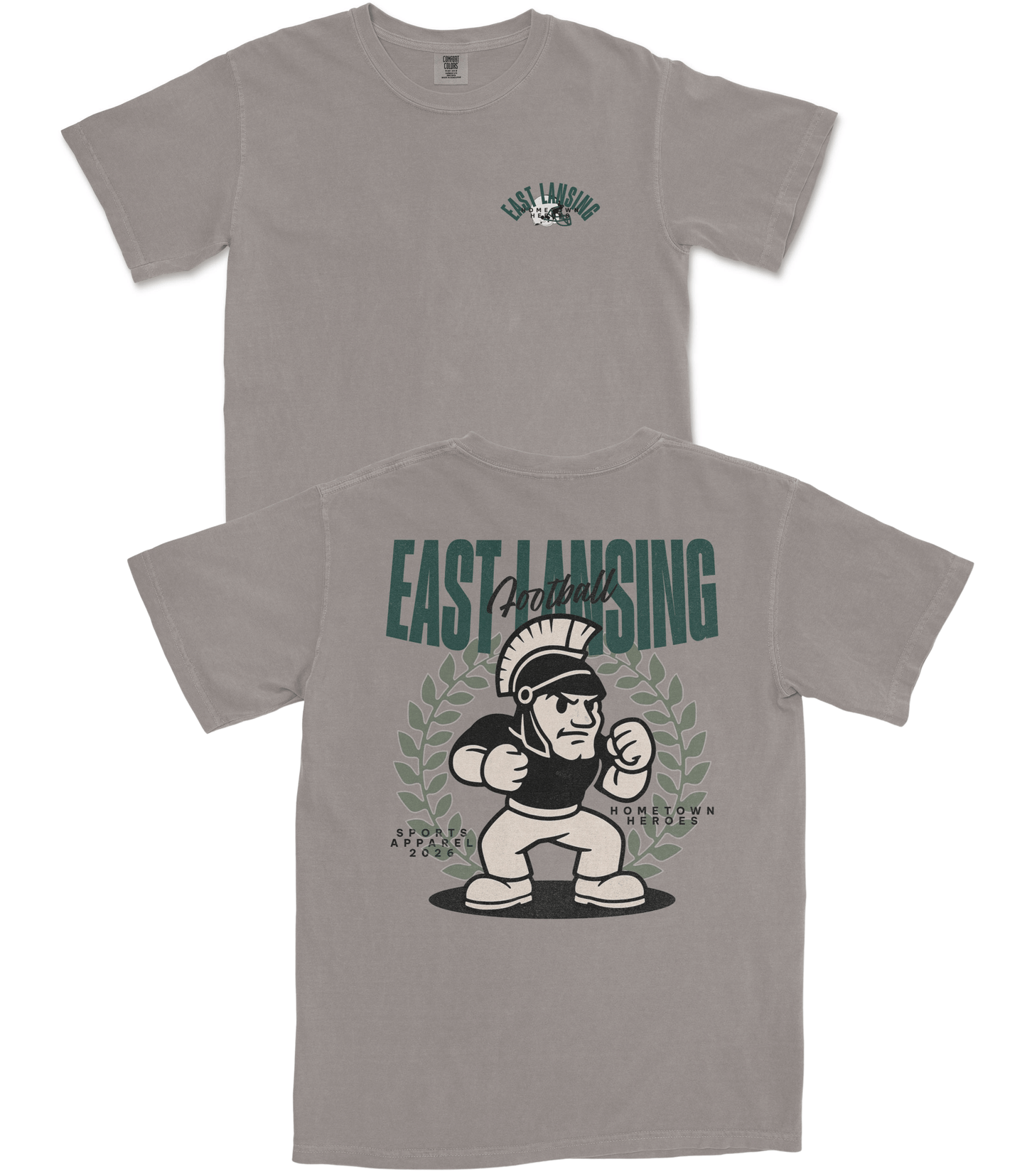 Gray t-shirt with 'East Lansing' graphic design on a white background