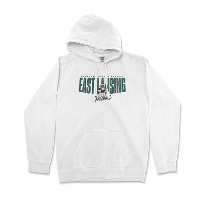 White hoodie with 'East Lansing Forever' text on a white background