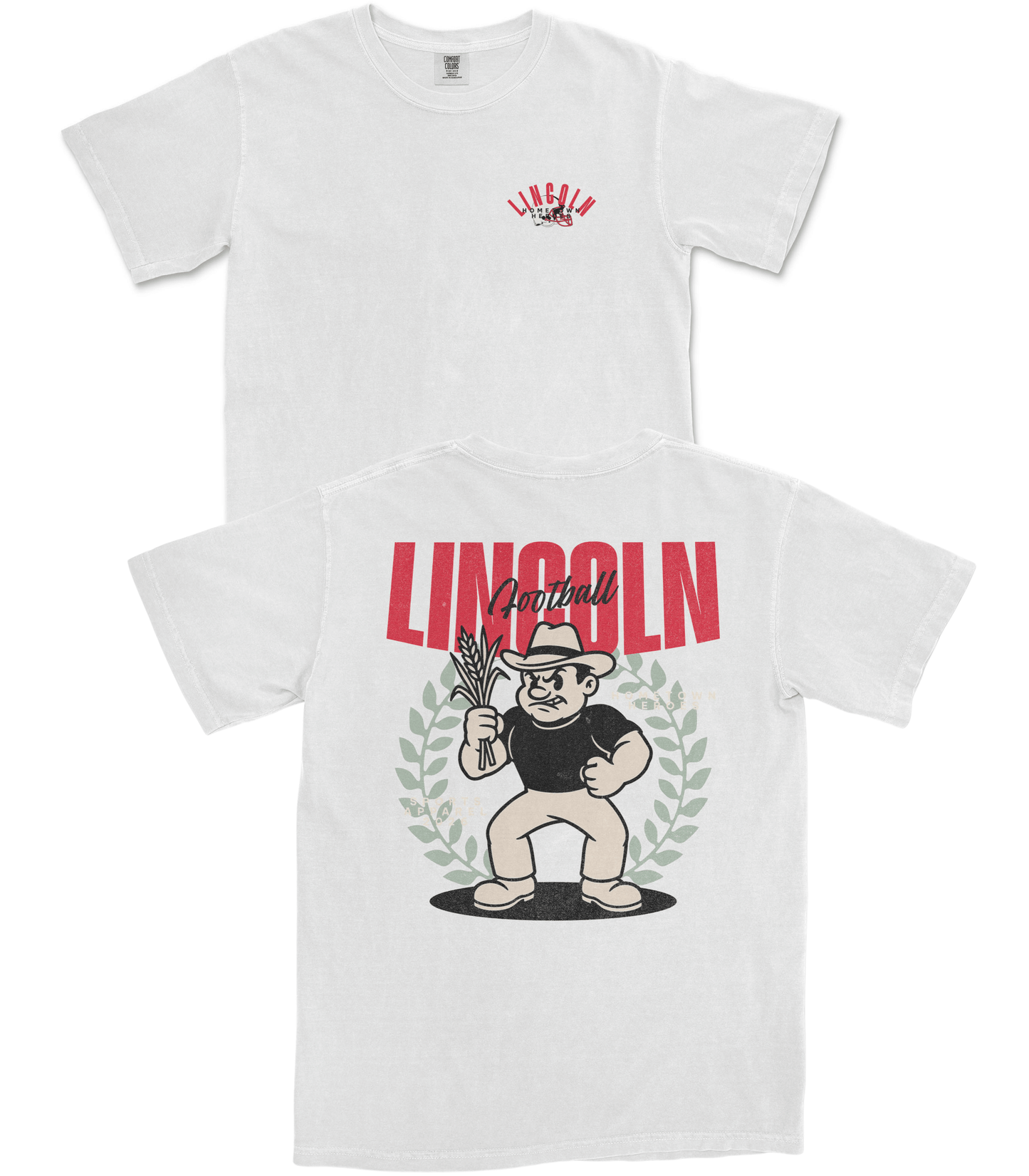 Two white t-shirts with cartoon character and 'Lincoln' text on a white background