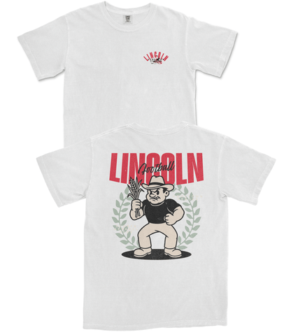 Two white t-shirts with cartoon character and 'Lincoln' text on a white background