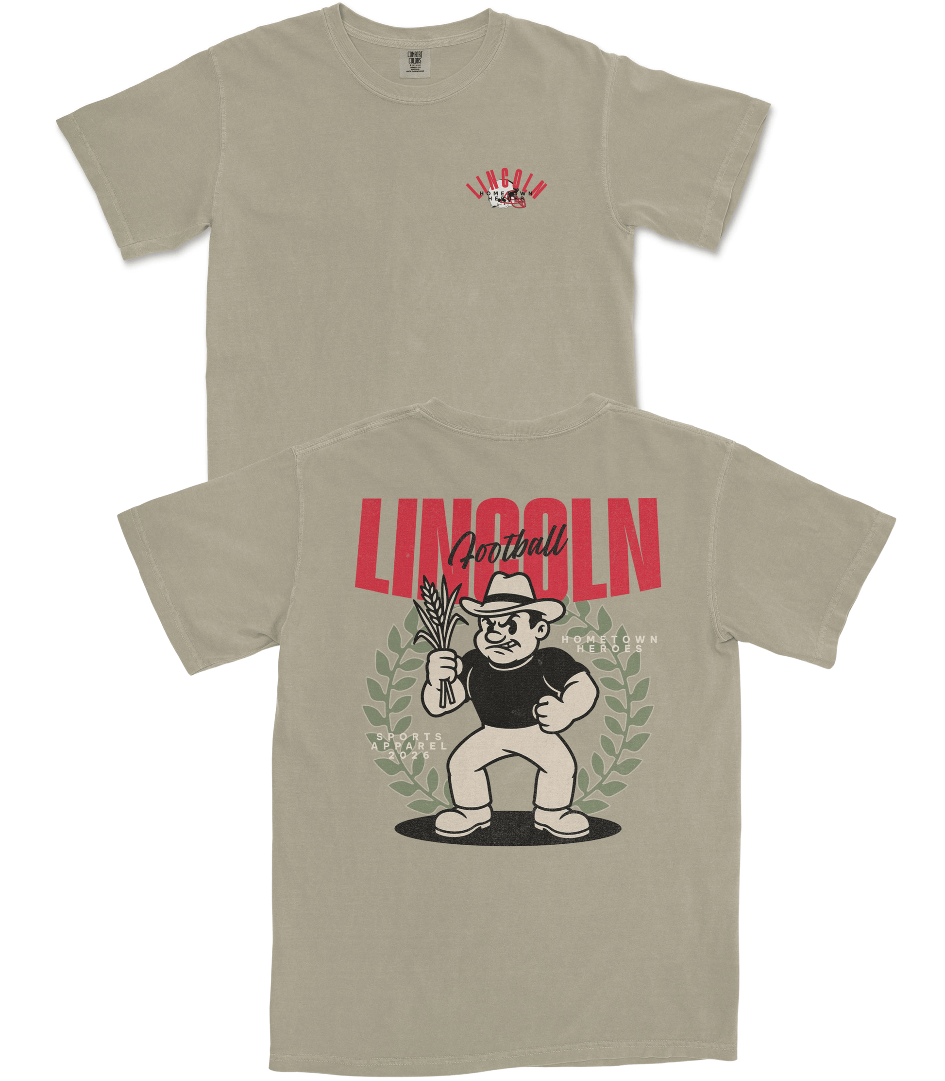 Beige t-shirt with cartoon character and 'Lincoln' text on a white background