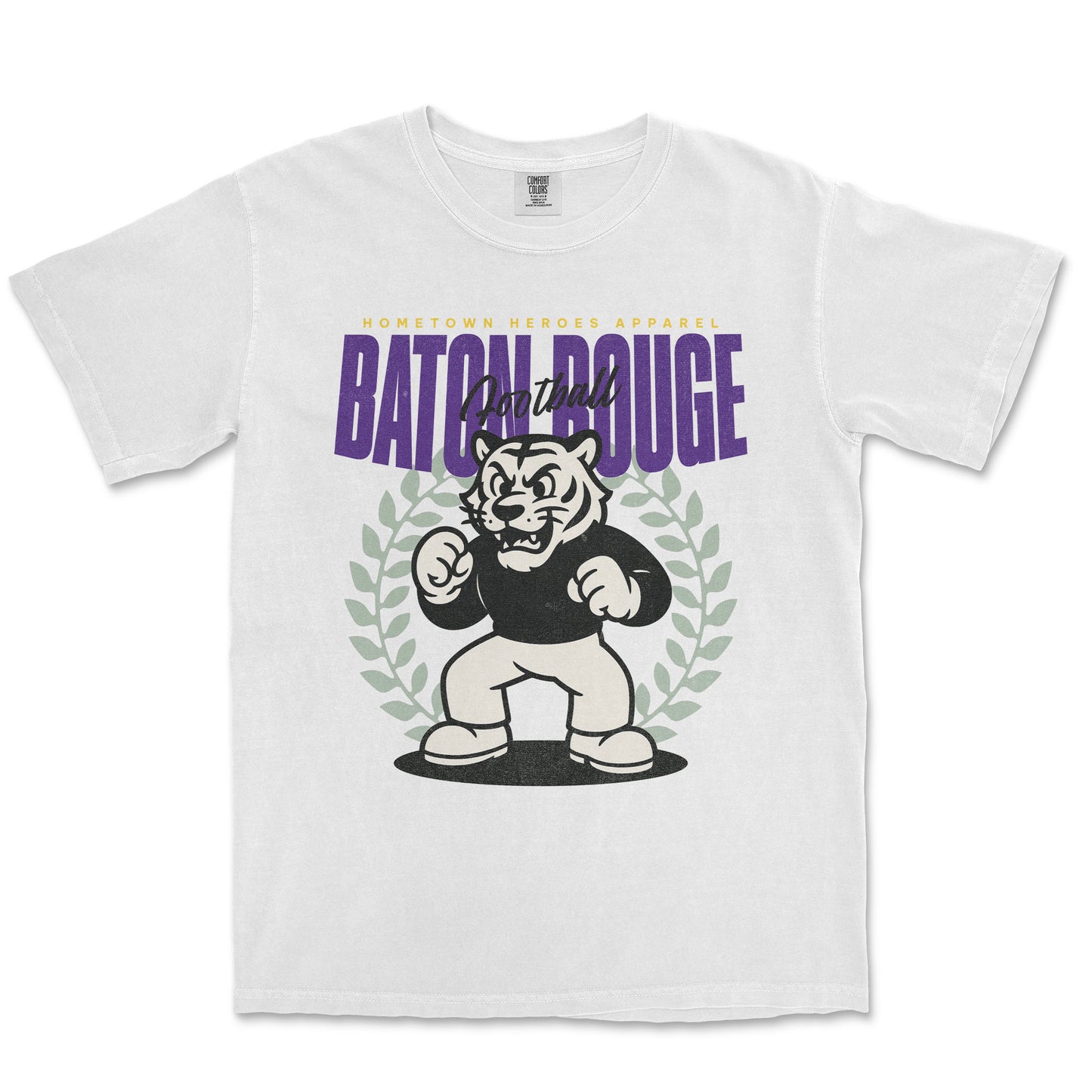 White t-shirt with a graphic of a tiger and text on a white background
