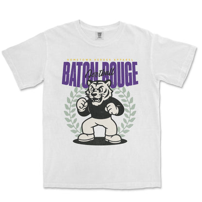White t-shirt with a graphic of a tiger and text on a white background